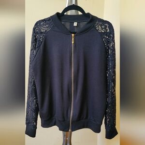 Zip Up Contrast Lace sleeves Bomber Jacket
